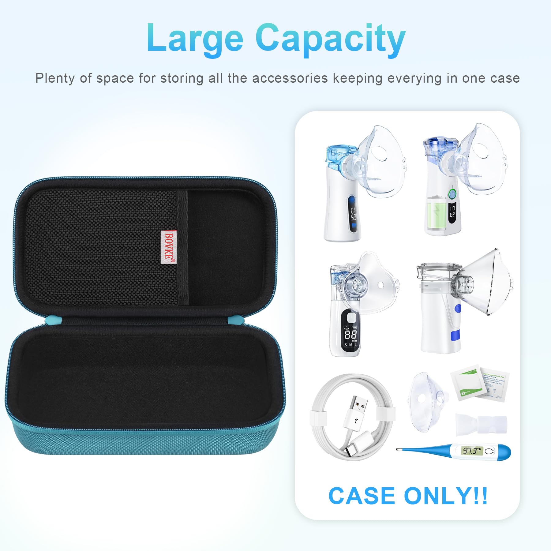 BOVKE étui nébuliseur portable, intérieur spacieux pour accessoires.