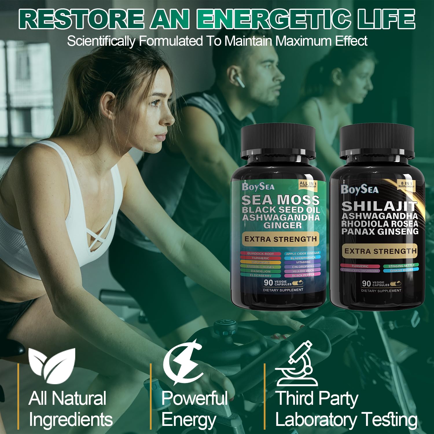 Format pratique: deux bouteilles Boysea Shilajit et Sea Moss.
