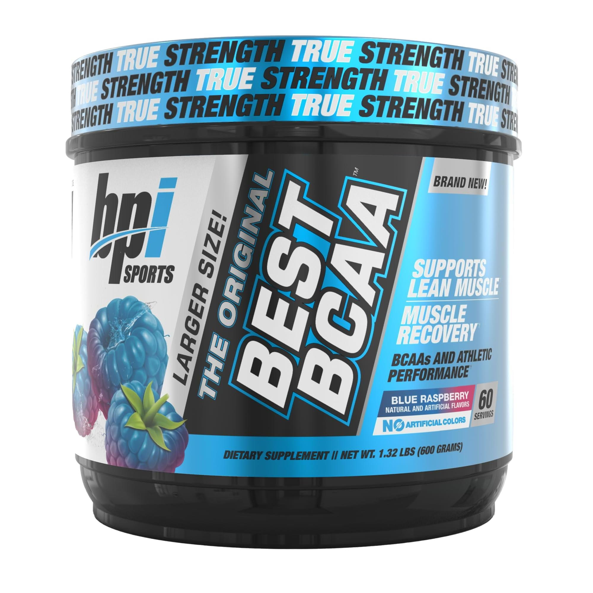 Best BCAA de BPI Sports en poudre, framboise bleue, favorise récupération et hydratation.