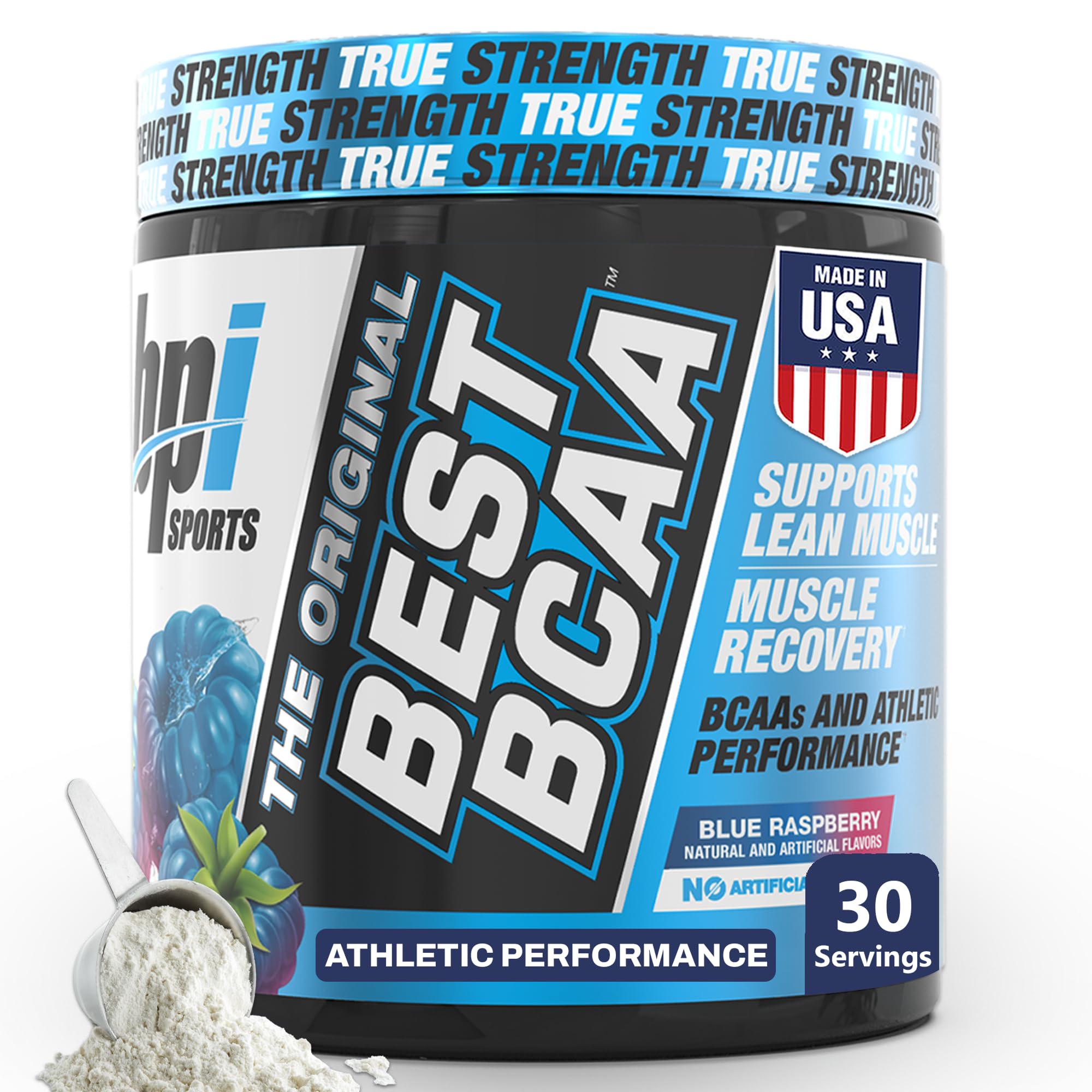 BPI Best BCAA poudre framboise bleue pour récupération musculaire et hydratation.