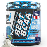 BPI Best BCAA poudre framboise bleue pour récupération musculaire et hydratation.