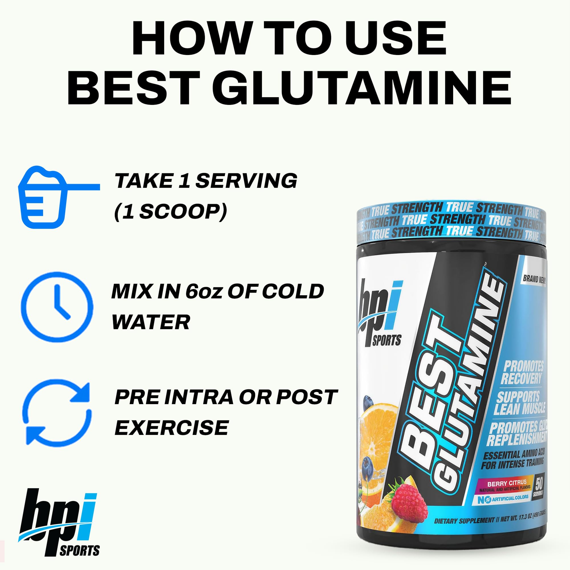 BPI Sports Best Glutamine – étiquette claire montrant les 6 formes et la vitamine C