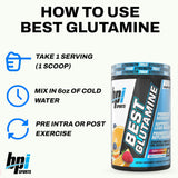 BPI Sports Best Glutamine – étiquette claire montrant les 6 formes et la vitamine C