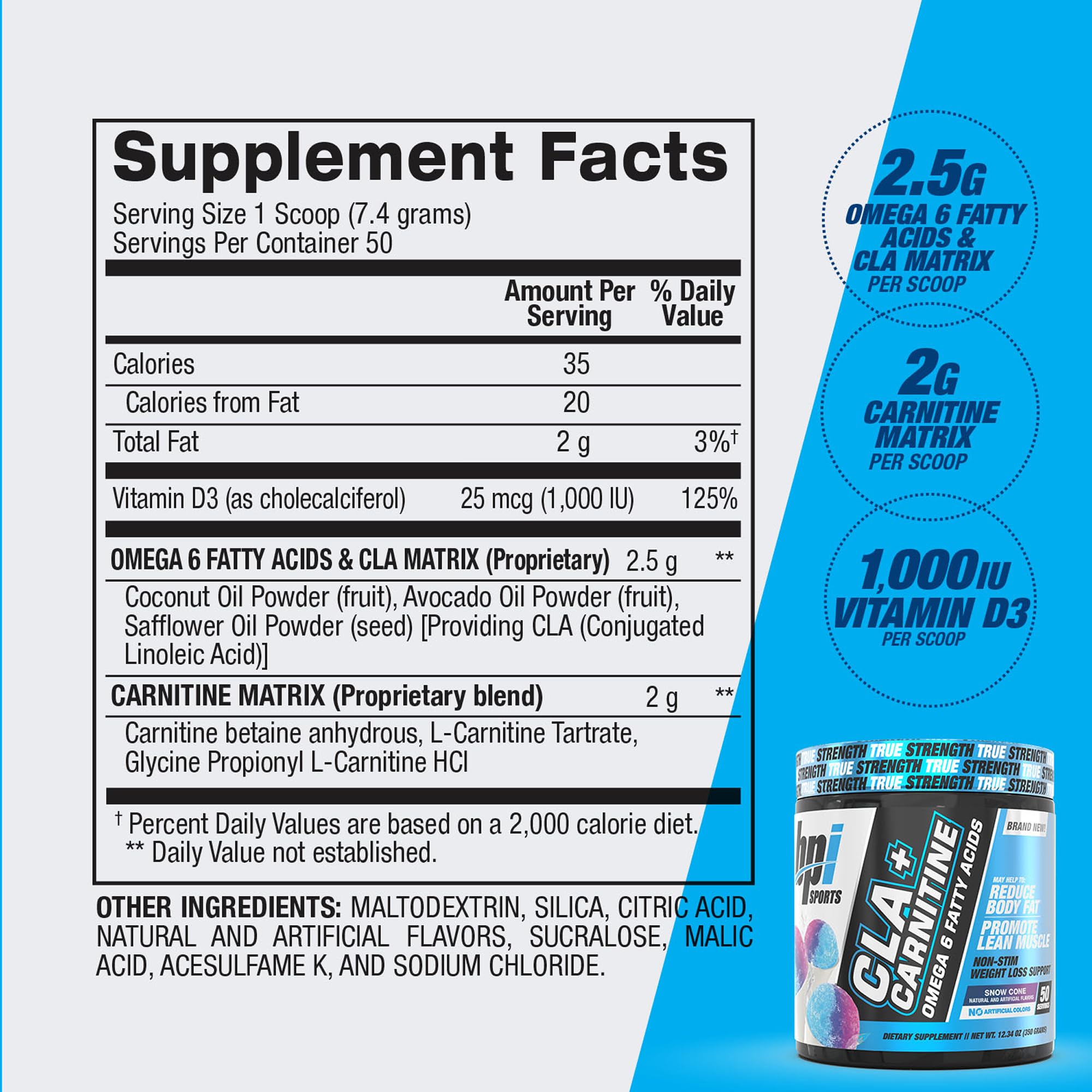 Étiquette du flacon CLA+Carnitine avec ingrédients et conseils d'utilisation.