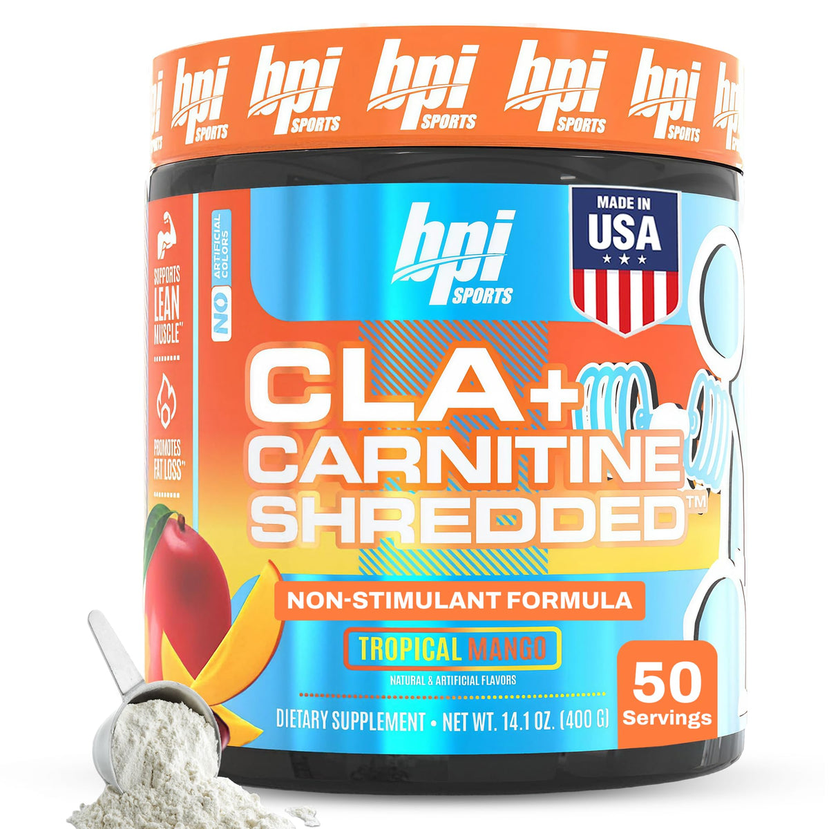 BPI Sports CLA + Carnitine Shredded, bouteille mangue tropical, énergie issue des graisses.