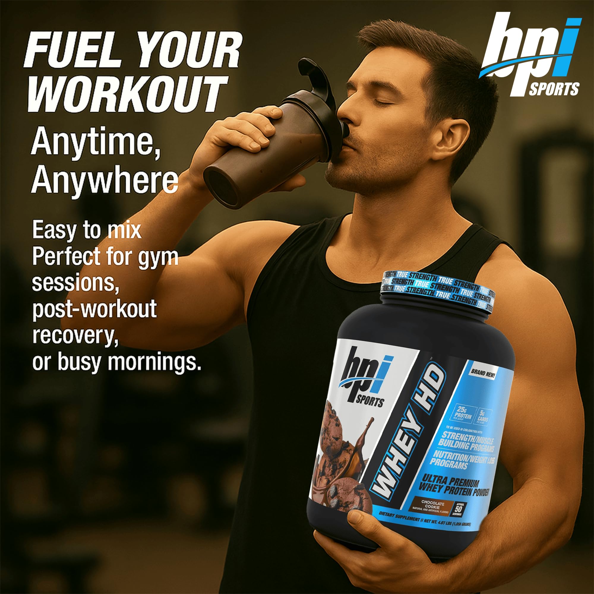 BPI Sports Whey HD Vanille Caramel, packaging savoureux pour nutrition rapide après séance