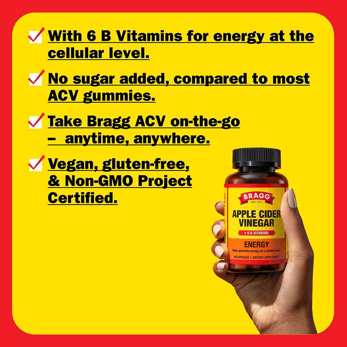 Bragg ACV Capsule - Ingrédients non-GMO et végan visibles sur l’emballage.