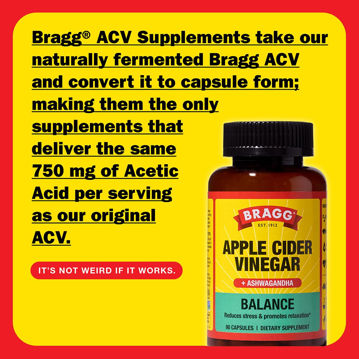 Bragg Daily Balance — bouchon ouvert montrant les capsules faciles à prendre avec un verre d eau.