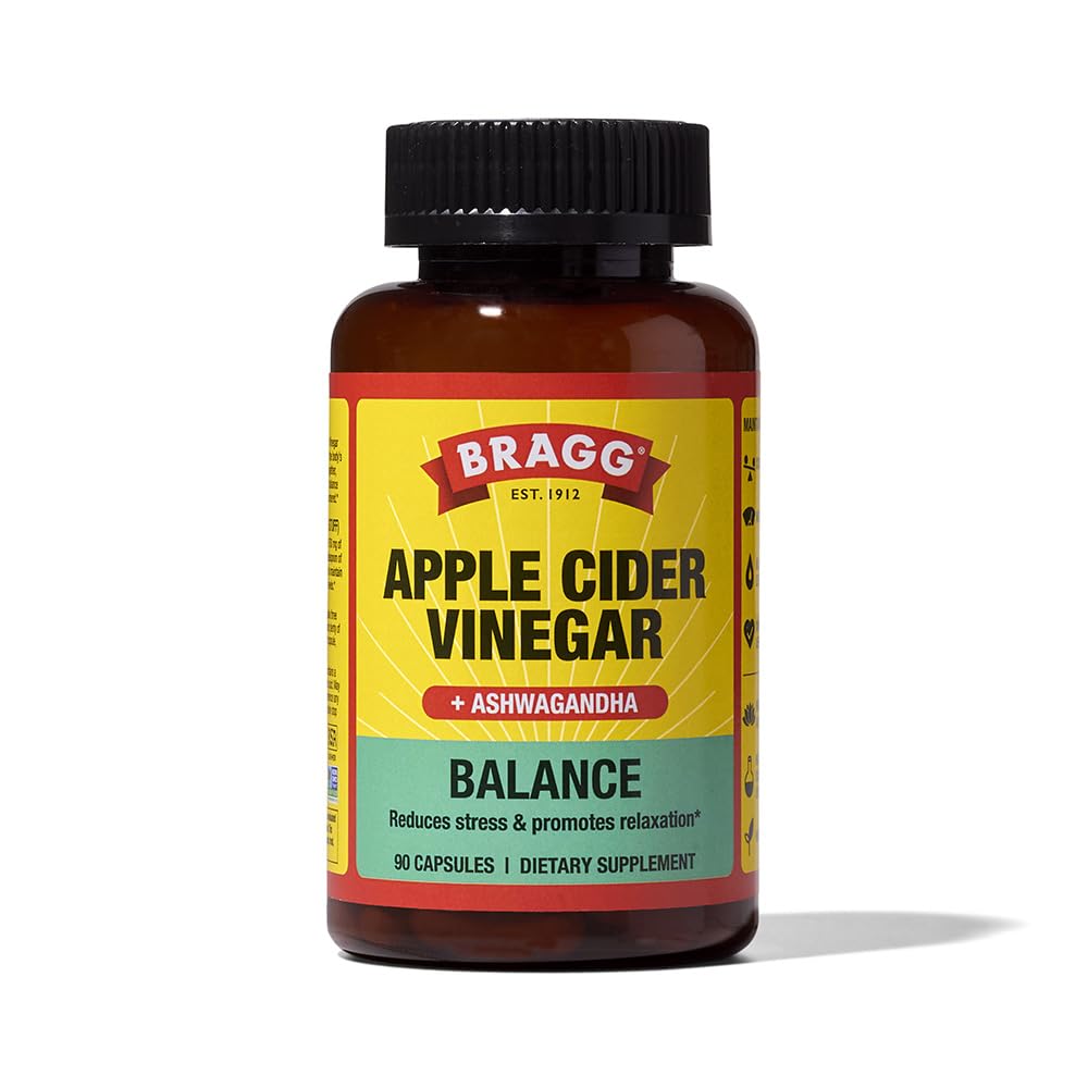 Bragg Daily Balance — bouteille de capsules ACV et Ashwagandha offrant énergie durable et soutien cognitif doux.