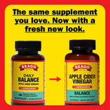 Emballage Bragg Daily Balance sans colorants artificiels et sans OGM pour une transparence.