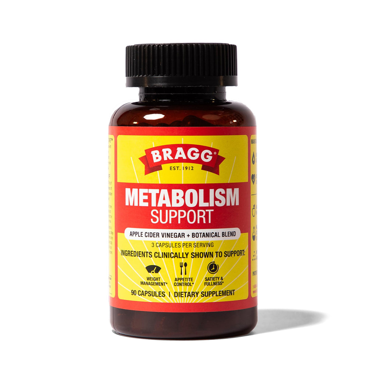 Bragg Metabolism Support – bouteille et versement, soutien potentiel du métabolisme et de l'appétit.