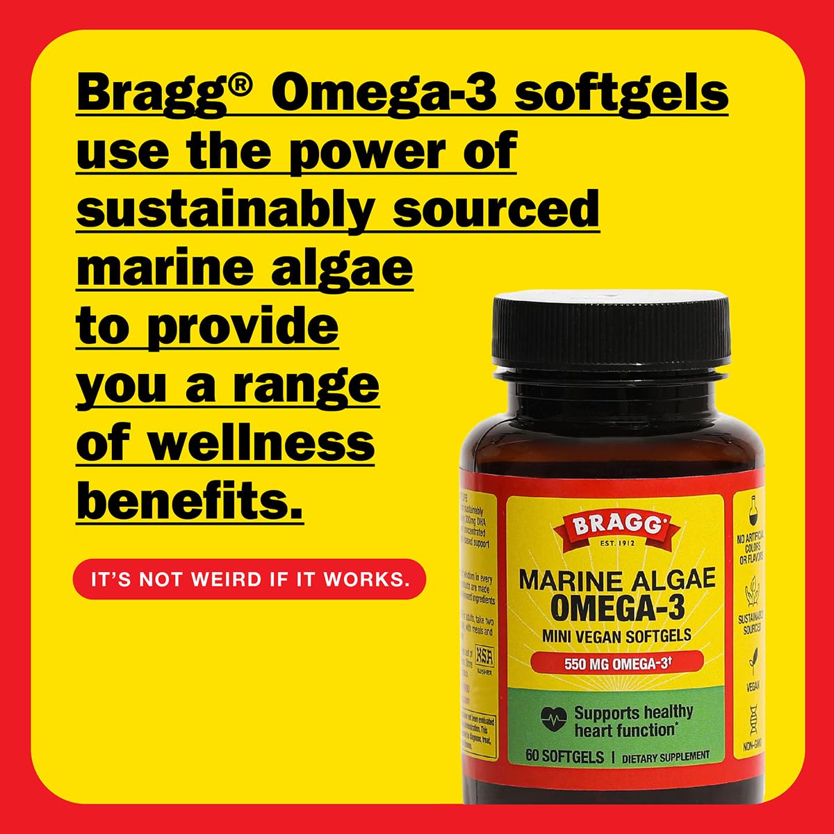 Capsules Bragg Omega-3 véganes: DHA et EPA pour soutenir le fonctionnement cérébral et oculaire.