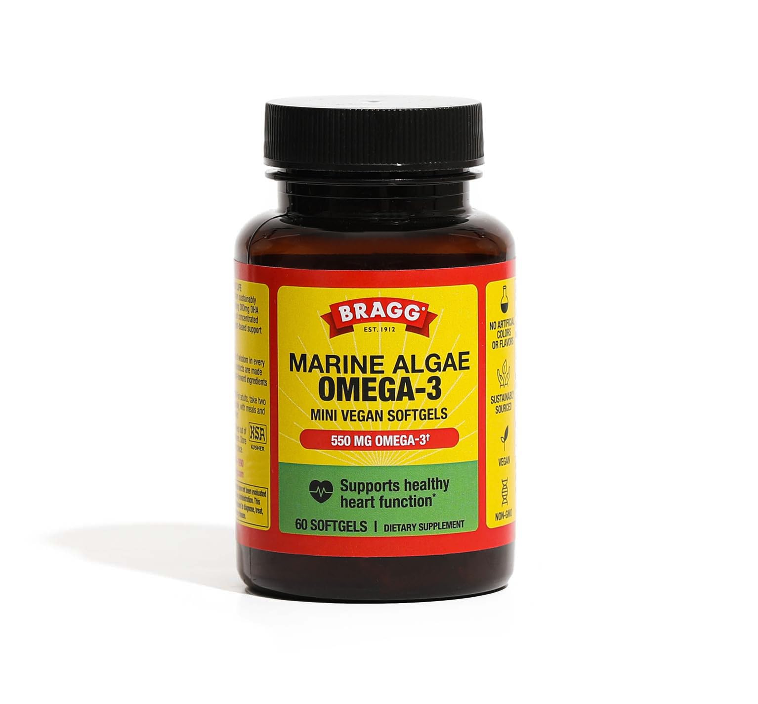 Bragg Omega-3 capsules vegan en bouteille, source d'acides gras essentiels pour l'équilibre quotidien.