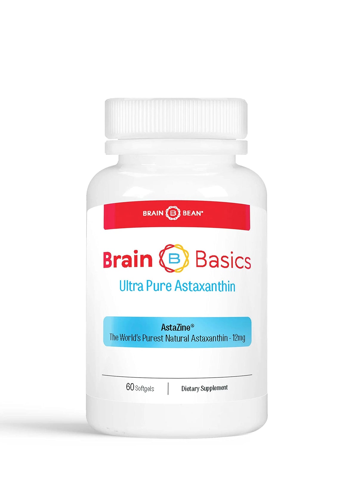 Brain Bean Brain Basics Astaxanthin sur la bouteille, clarté mentale potentielle.