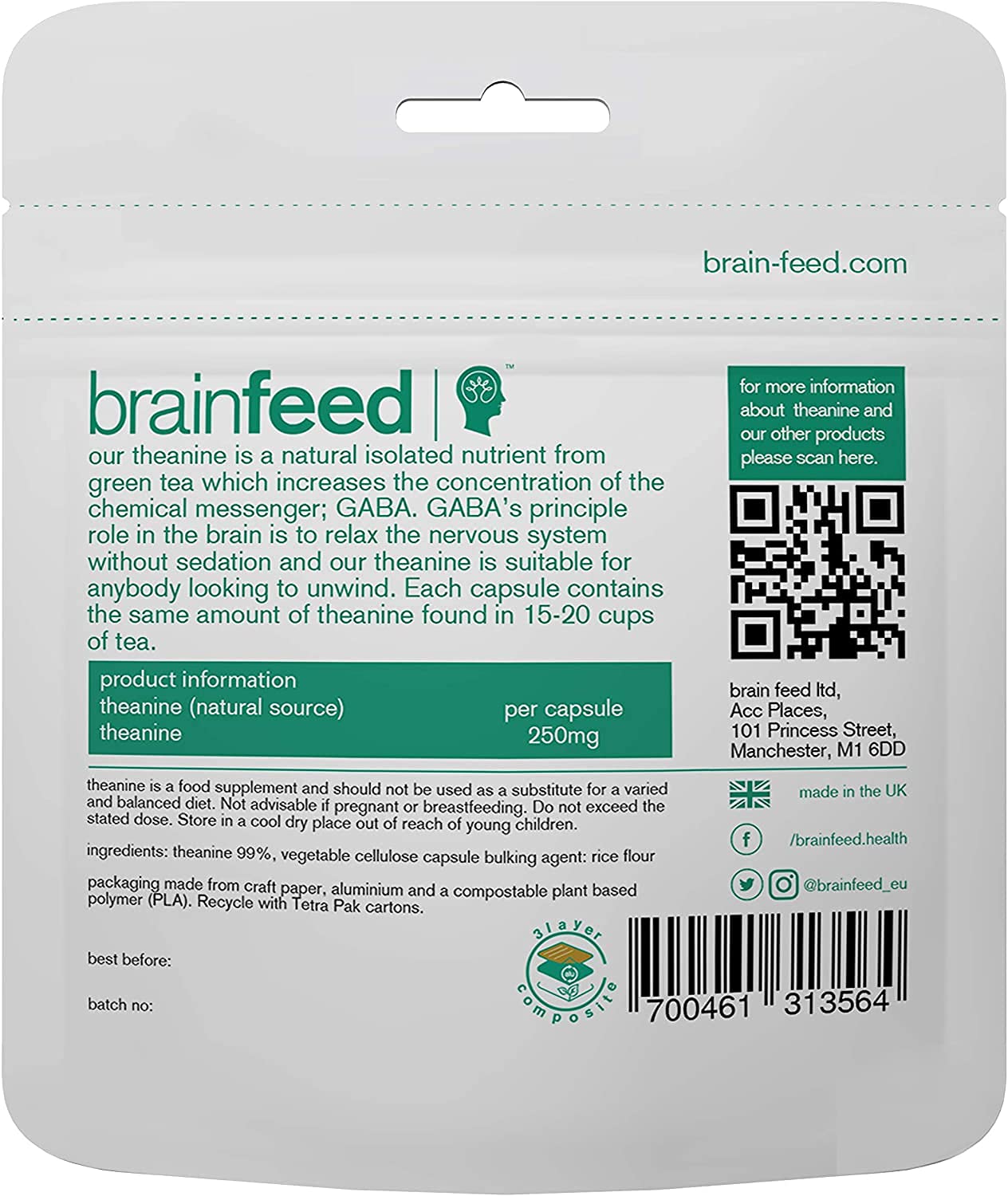 Brain Feed Pure L-théanine — support GABA naturel, relaxation sans sédation