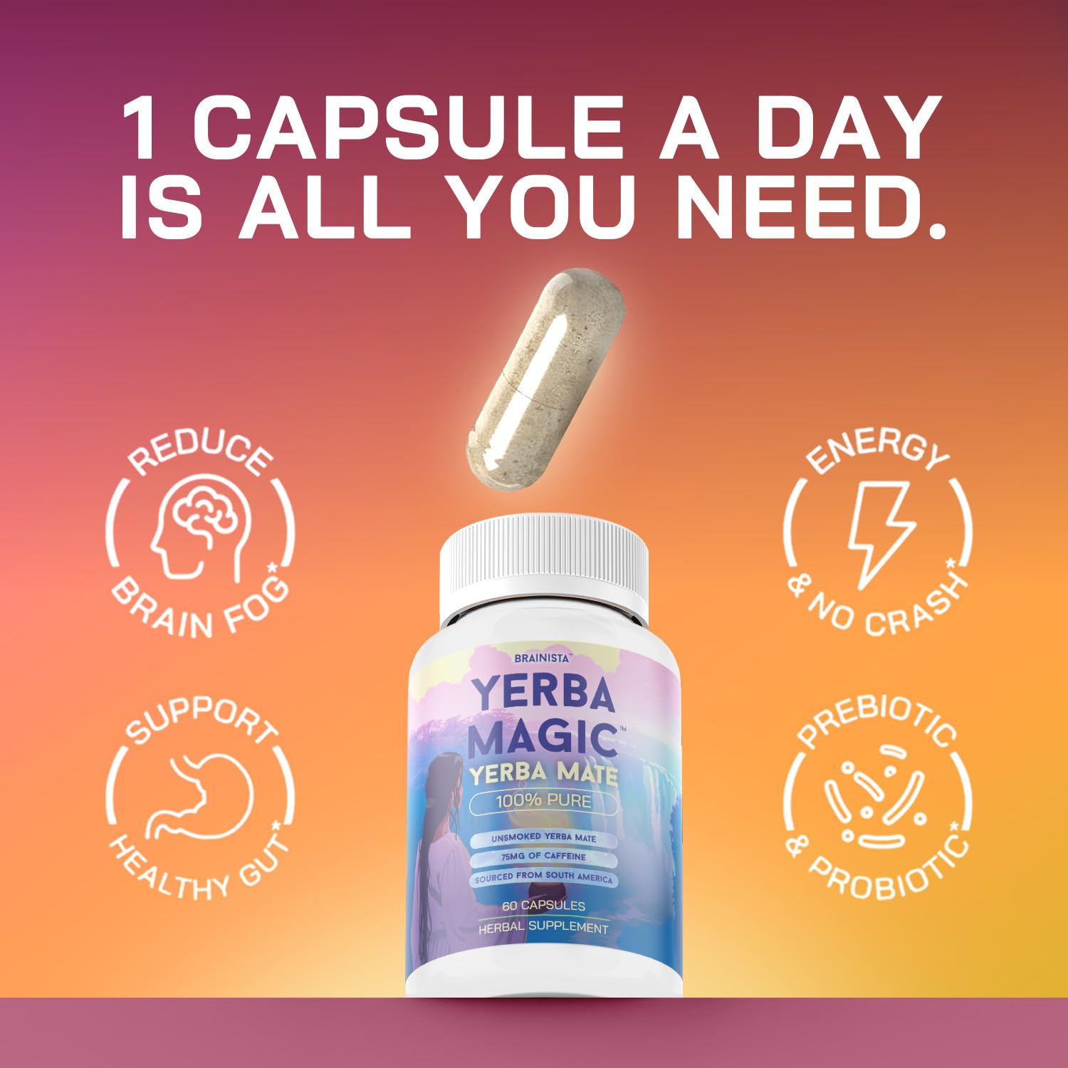 Capsules Brainista Yerba Magic sur plan de travail, usage quotidien et sans préparation.