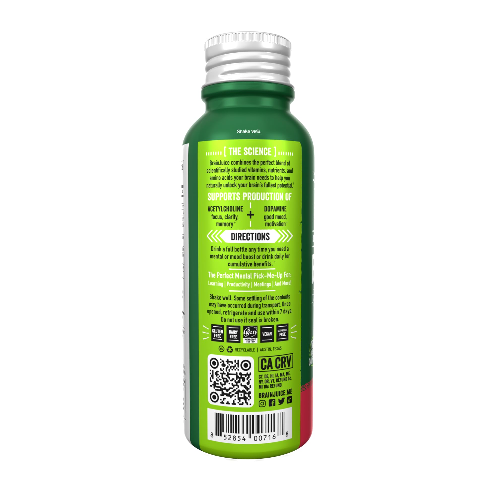 BrainJuice Shot – saveur fraise-citronnade, douceur naturelle et faible sucre.