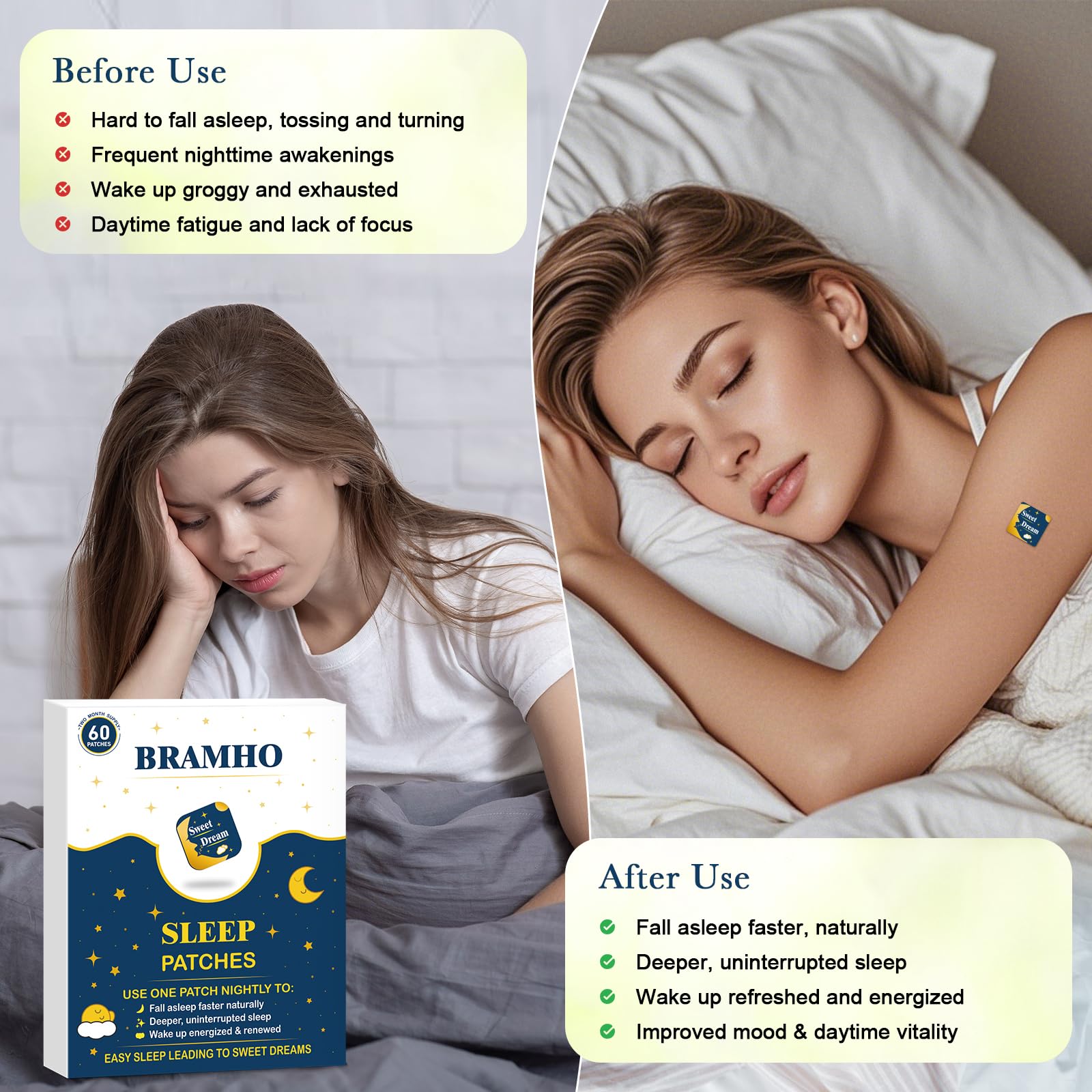 BRAMHO patch sommeil application facile sur la peau avant le coucher.