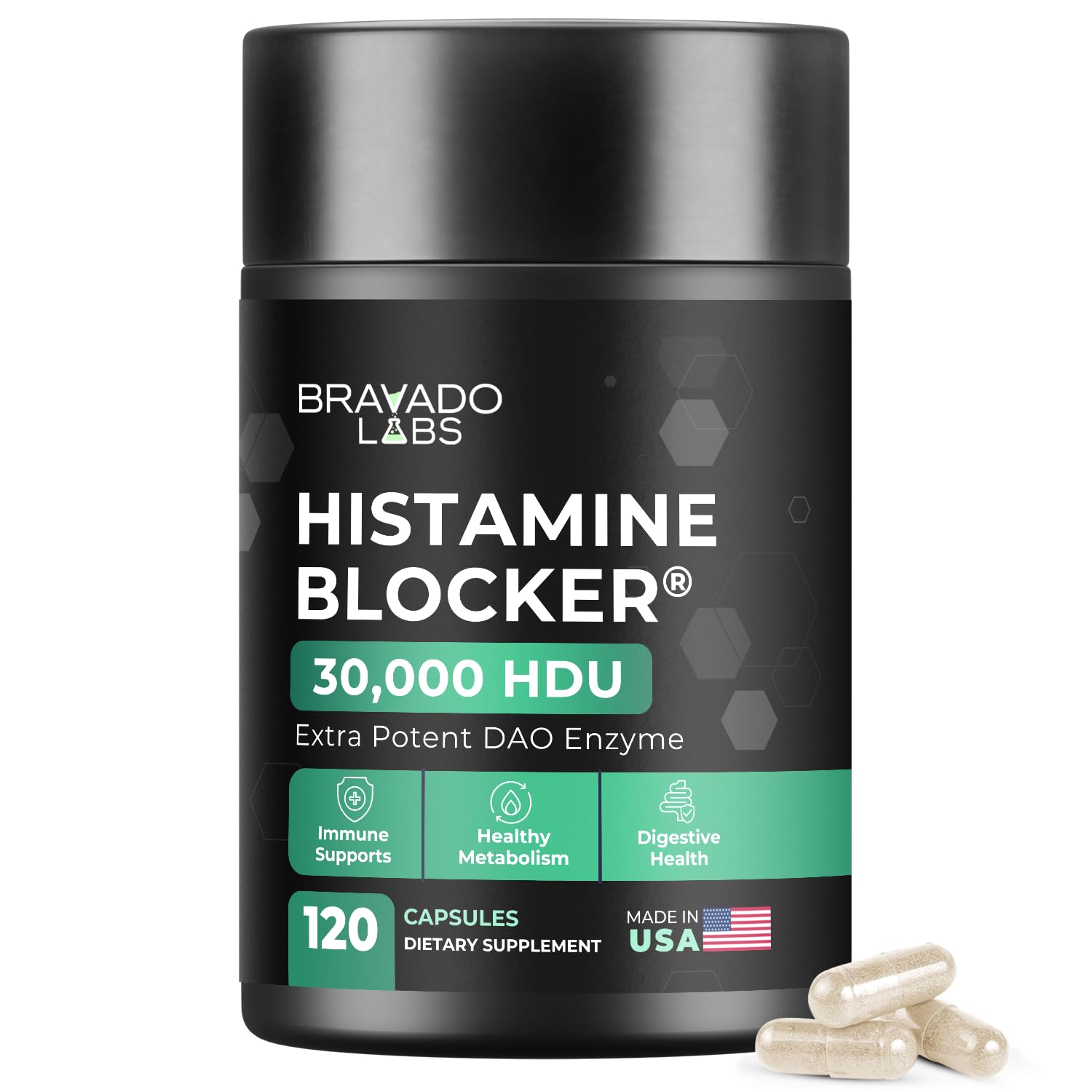 Bravado Labs DAO Histamine Blocker en bouteille, soutien digestif après repas