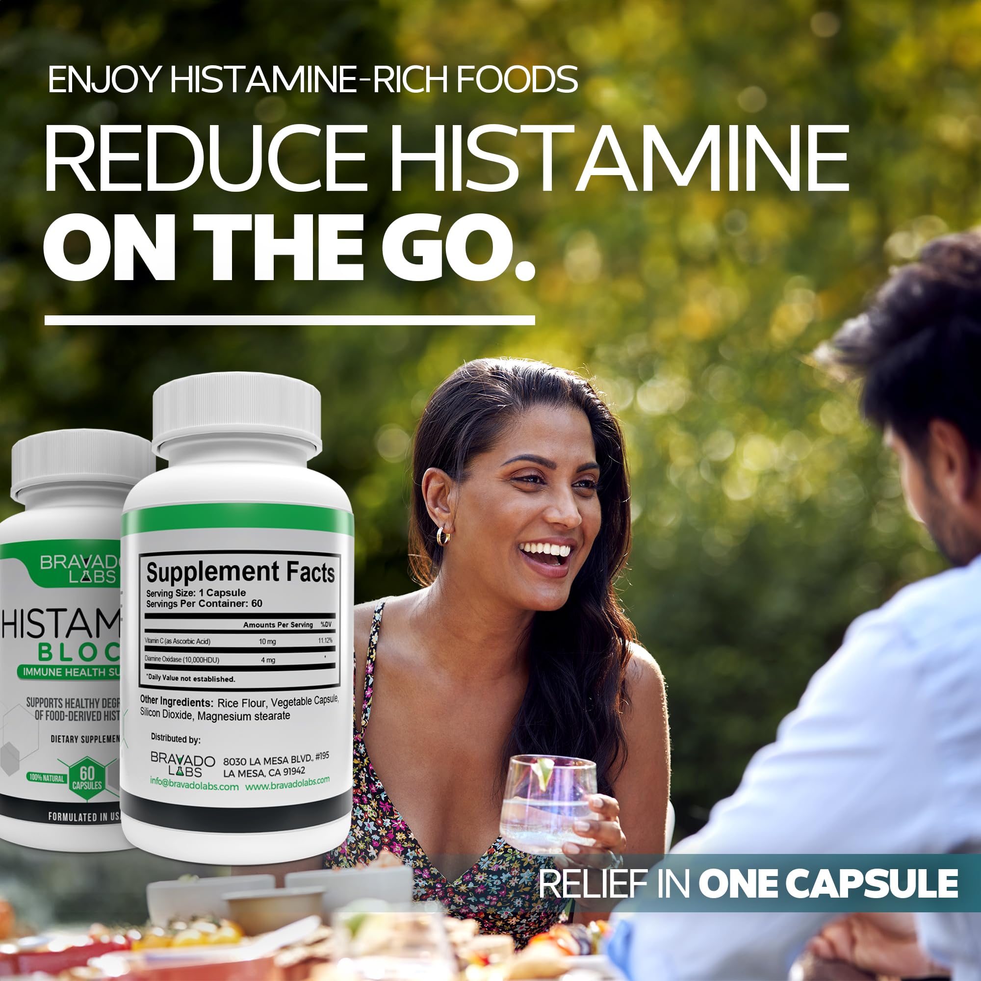 Bravado Labs bloqueur d'histamine, emballage USA, capsule pratique pour le quotidien.
