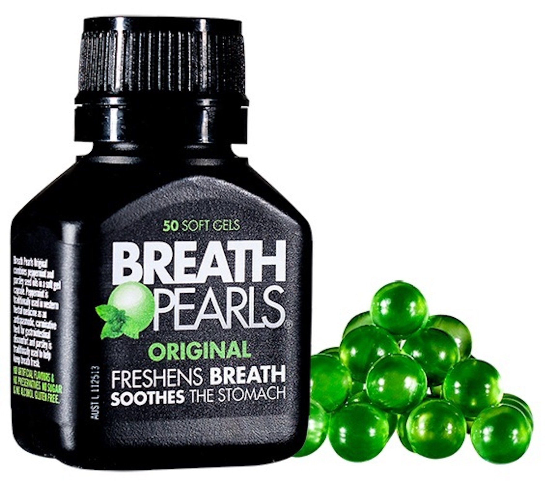 Breath Pearls Original – bouteille de 50 gélules pour haleine fraîche.