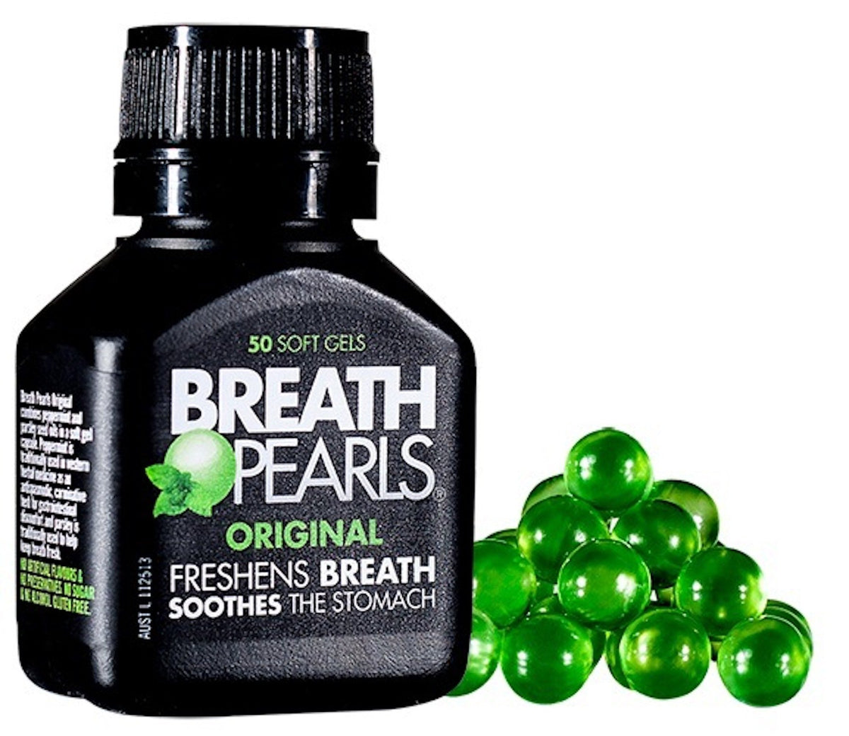 Breath Pearls Original – bouteille de 50 gélules pour haleine fraîche.