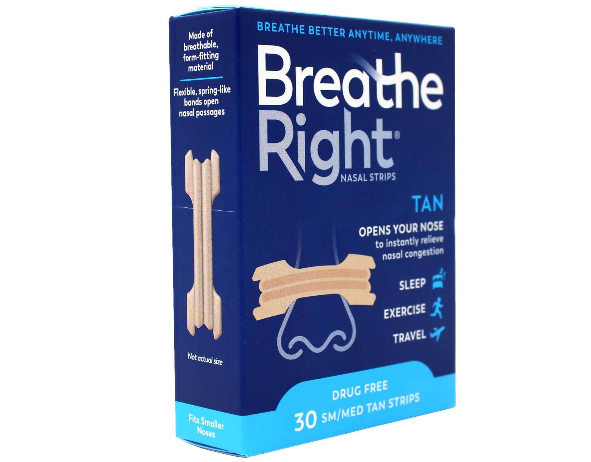 Utilisation nocturne des bandes Breathe Right Original beige pour mieux respirer.