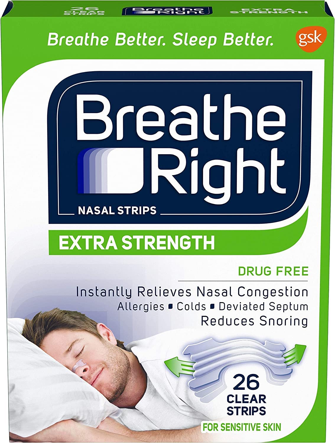 Breathe Right bandes nasales translucides montrées en action pour soulager la congestion nocturne.