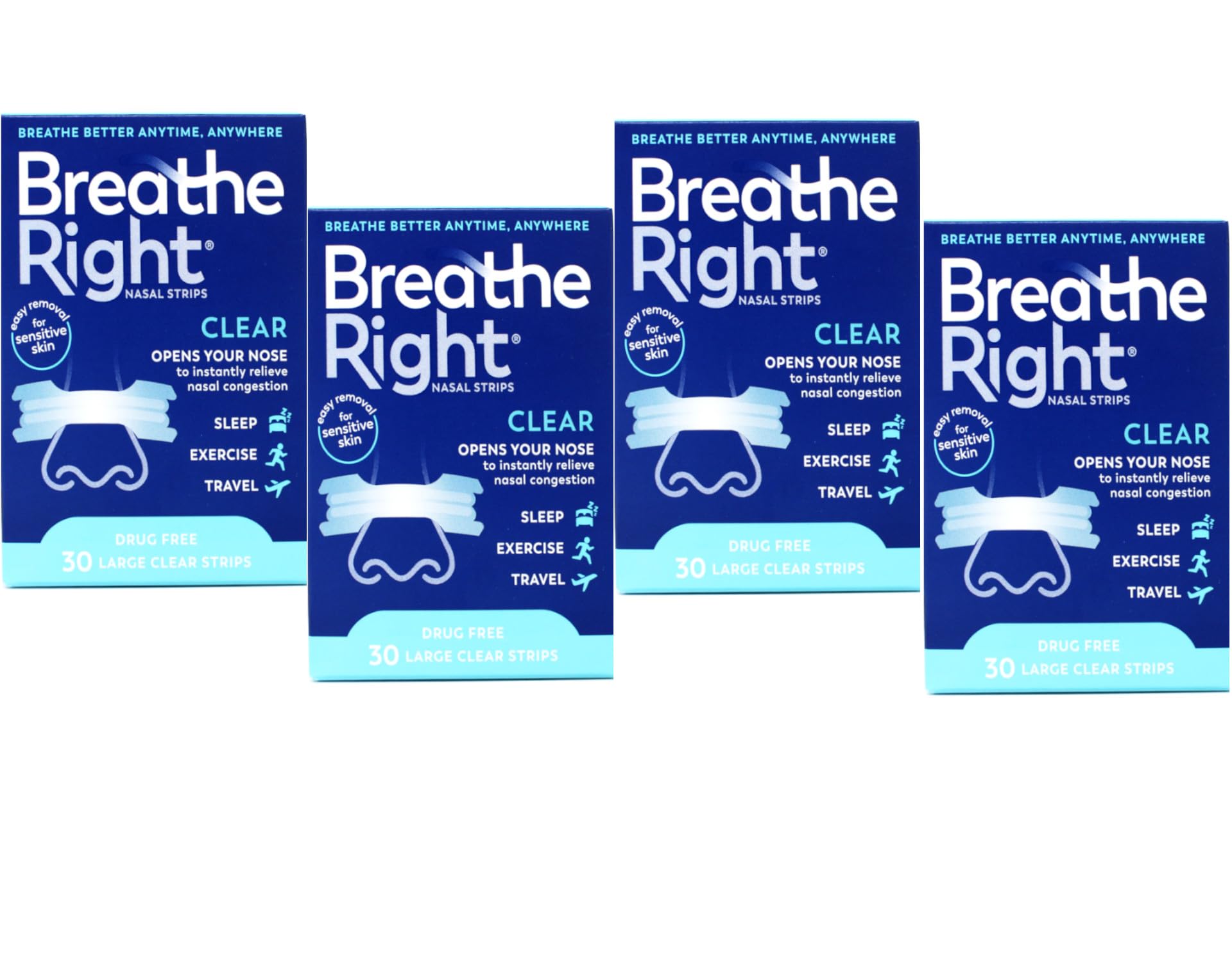 Bandes nasales transparentes et grandes de Breathe Right pour peau sensible.