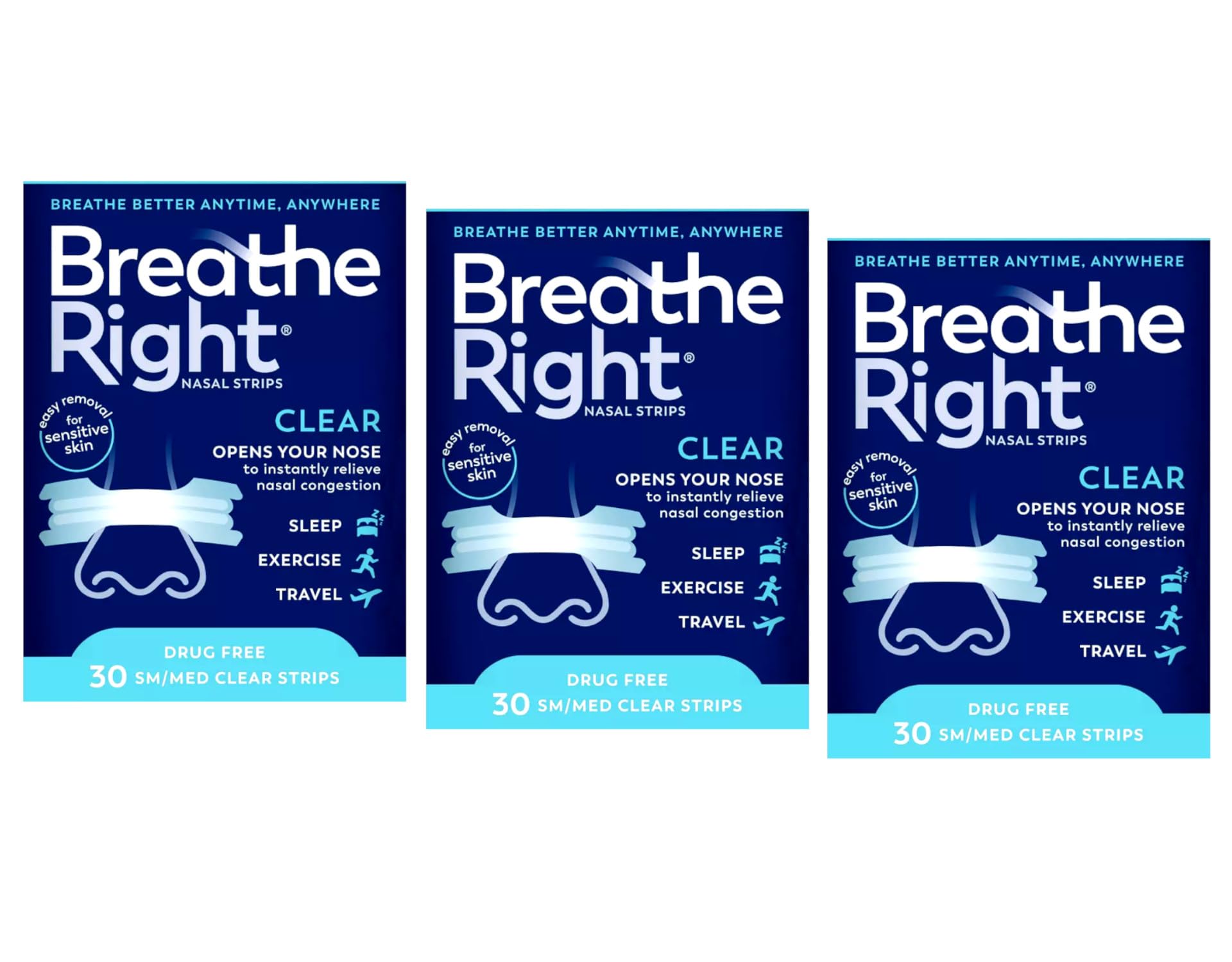 Bandes nasales Breathe Right transparentes sur emballage, confort discret et pratique.