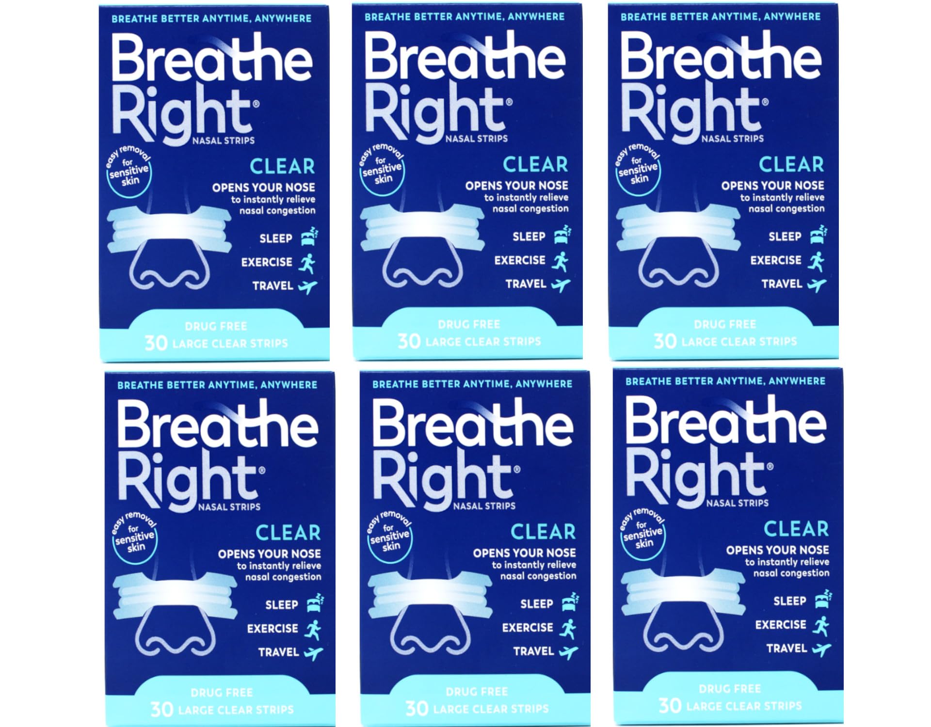 Boîte de bandes nasales Breathe Right claires adaptées à la peau sensible.