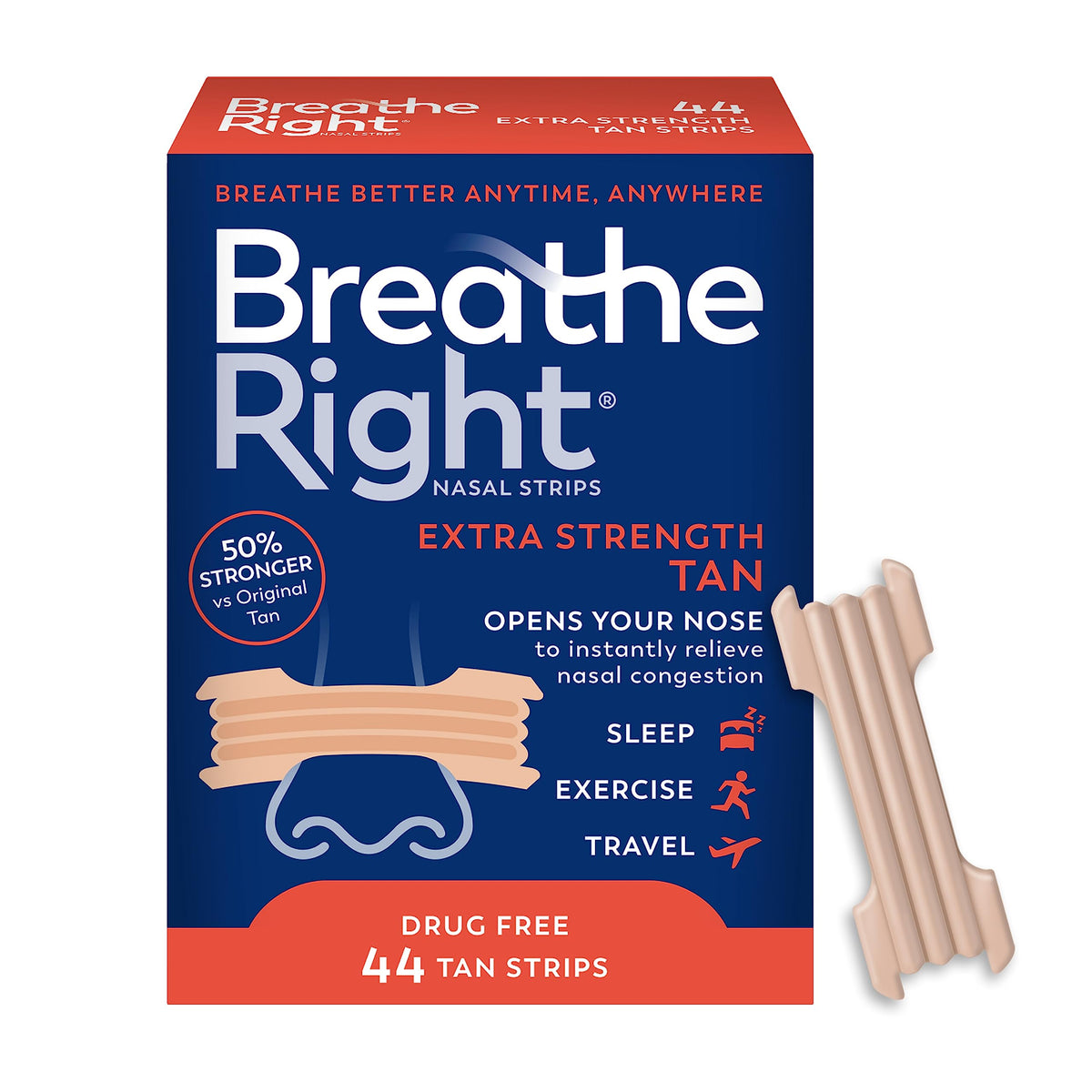 Boîte Breathe Right avec les bandes nasales, emballage pratique et prêt à l'emploi.