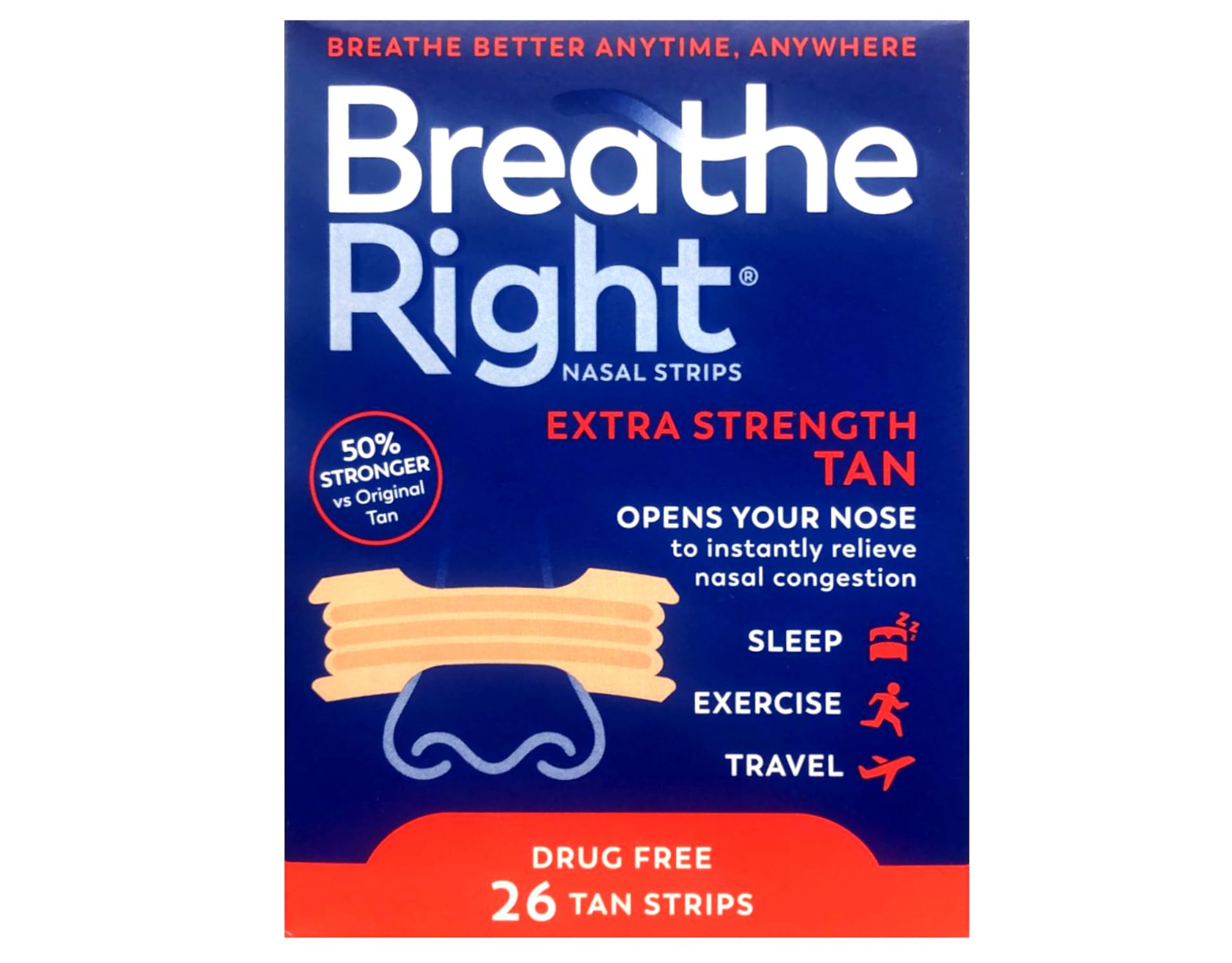 Breathe Right Extra – boîte de bandes nasales, pratique pour un sommeil plus calme.