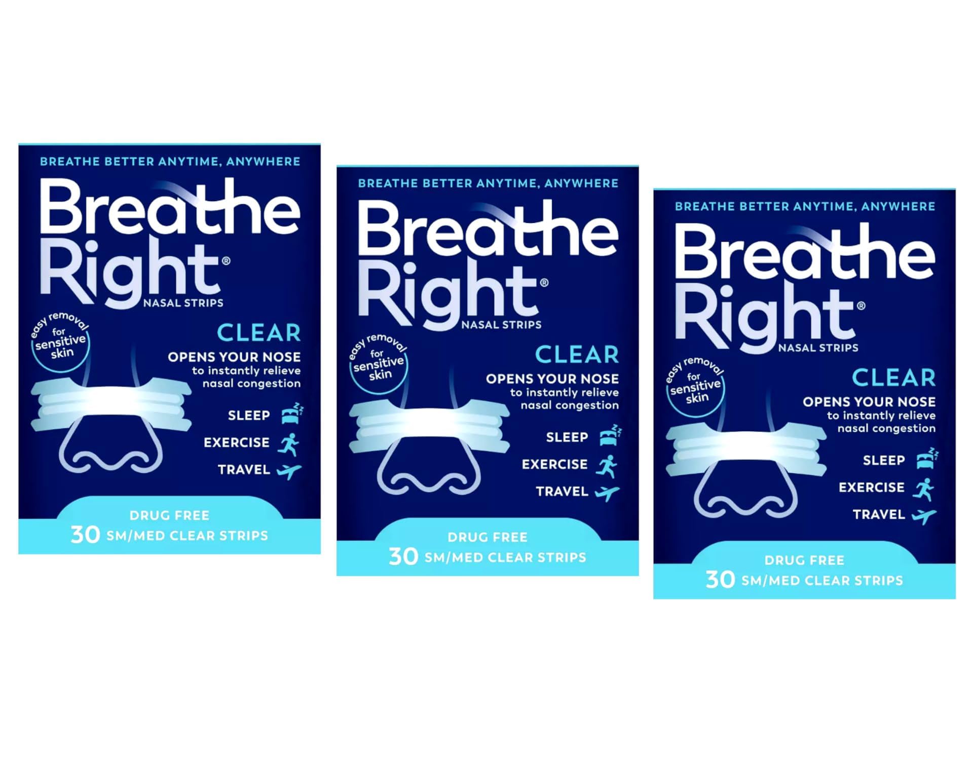 Bandes Breathe Right transparentes sur peau sensible pour un confort discret.