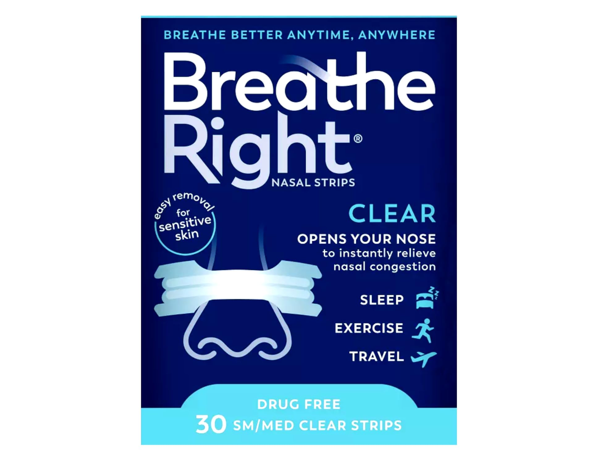 Breathe Right Strips nez transparent pour respiration discrète et confortable.