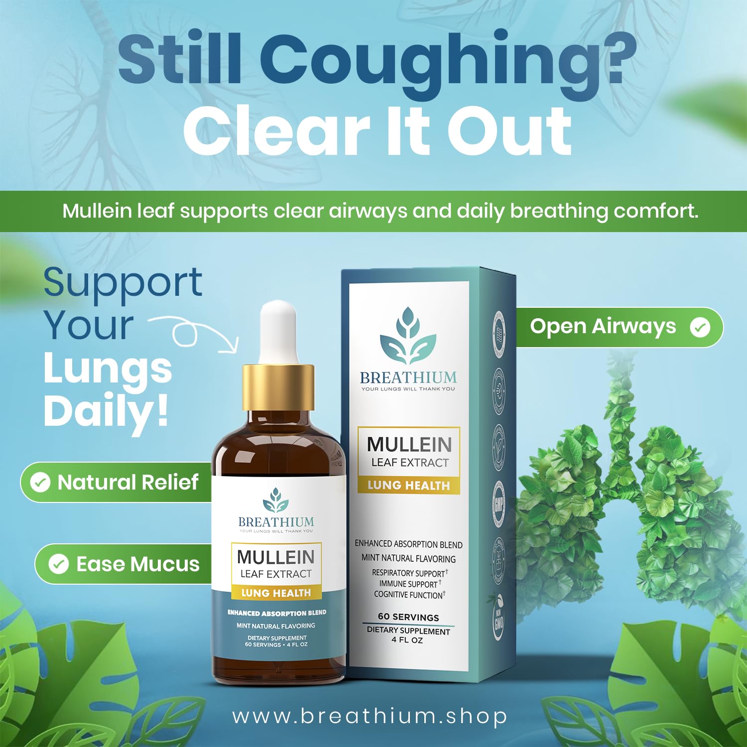 Breathium Gouttes Mullein Doseur: dosage précis pour absorption efficace.