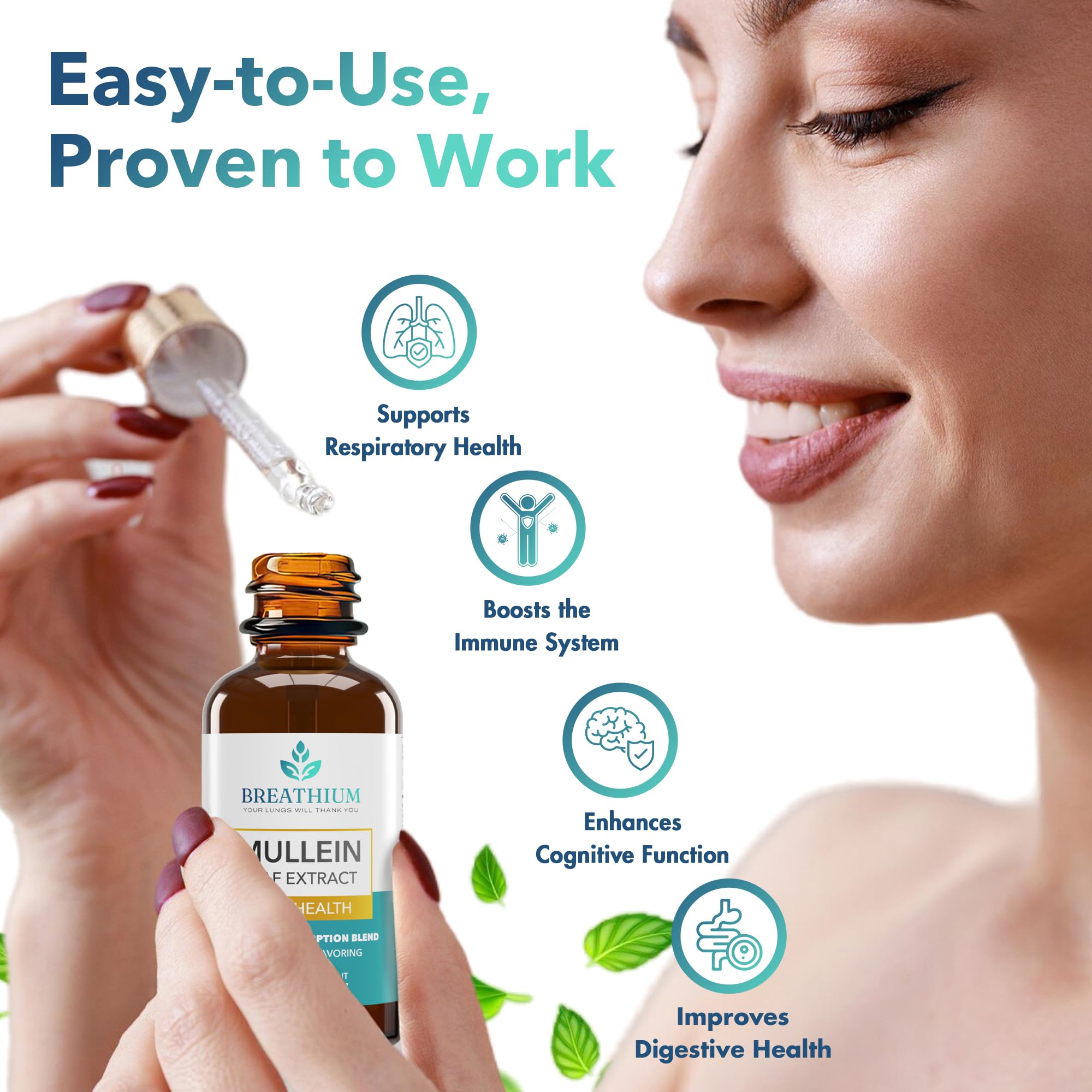 Breathium Gouttes Mullein Menthe Flacon: goût menthe frais et utilisation facile.