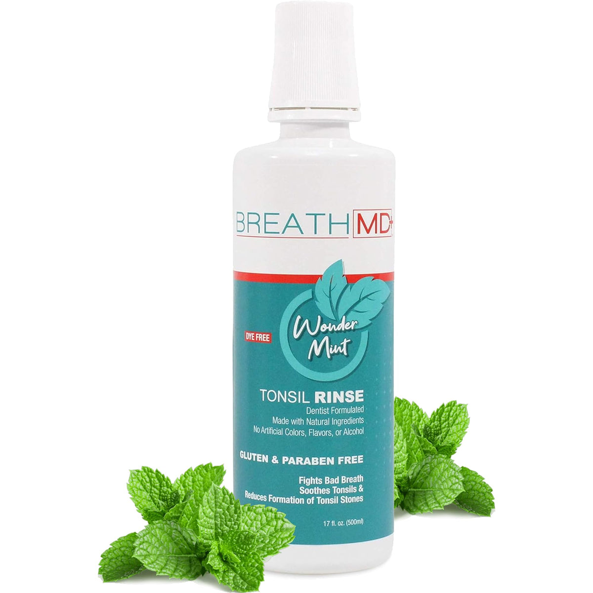 BreathMD Rince-Tonsilles Menthe: flacon élégant pour haleine fraîche après chaque utilisation.