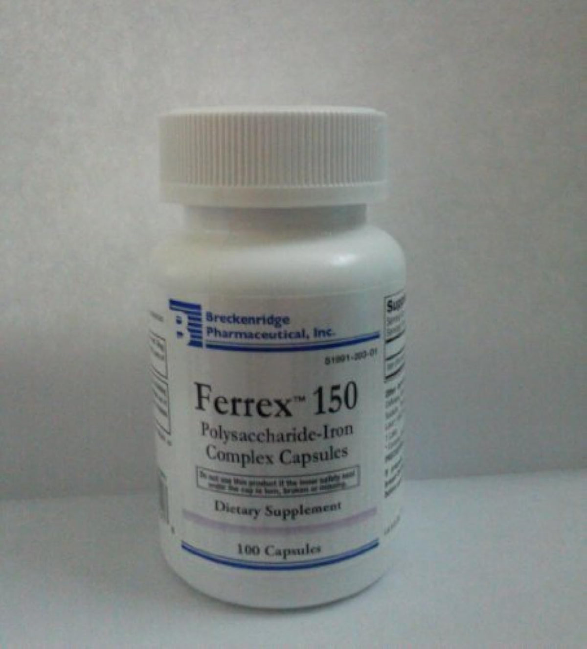 Breckenridge Ferrex 150, capsules de fer polysaccharide pour un apport quotidien potentiel en fer.
