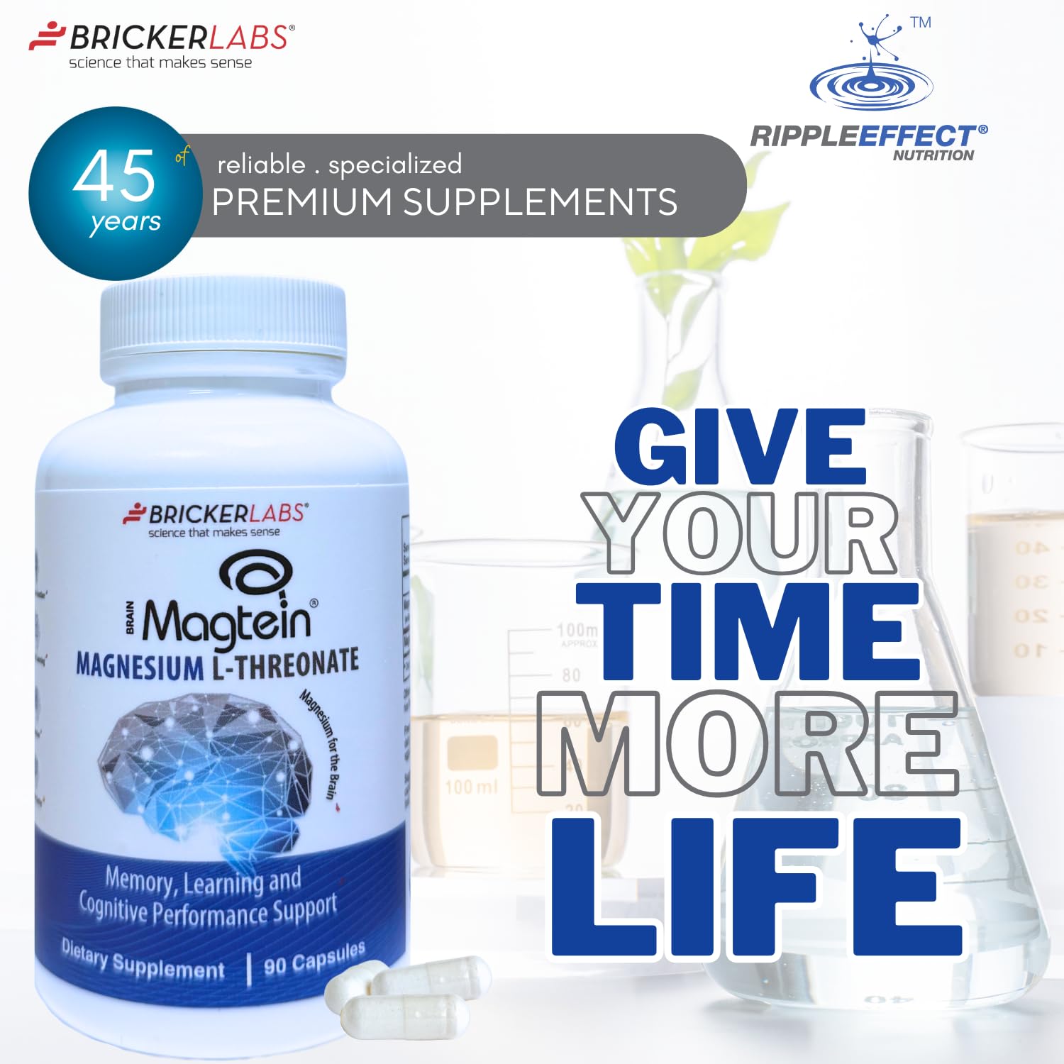 Capsules dans un verre d'eau Bricker Labs Magtein, usage rapide et pratique.