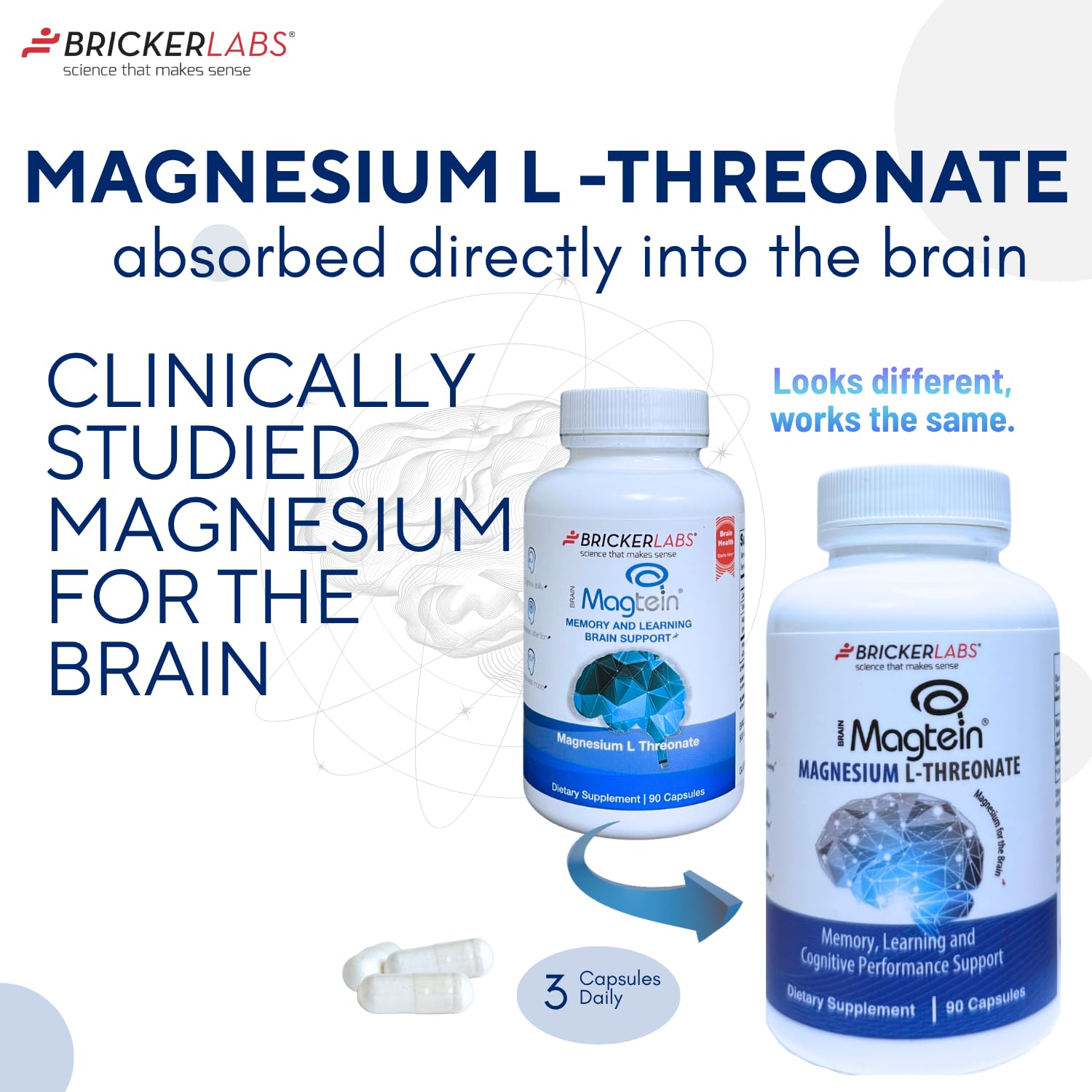 Étiquette Bricker Labs Magtein, information et dosage faciles à repérer.