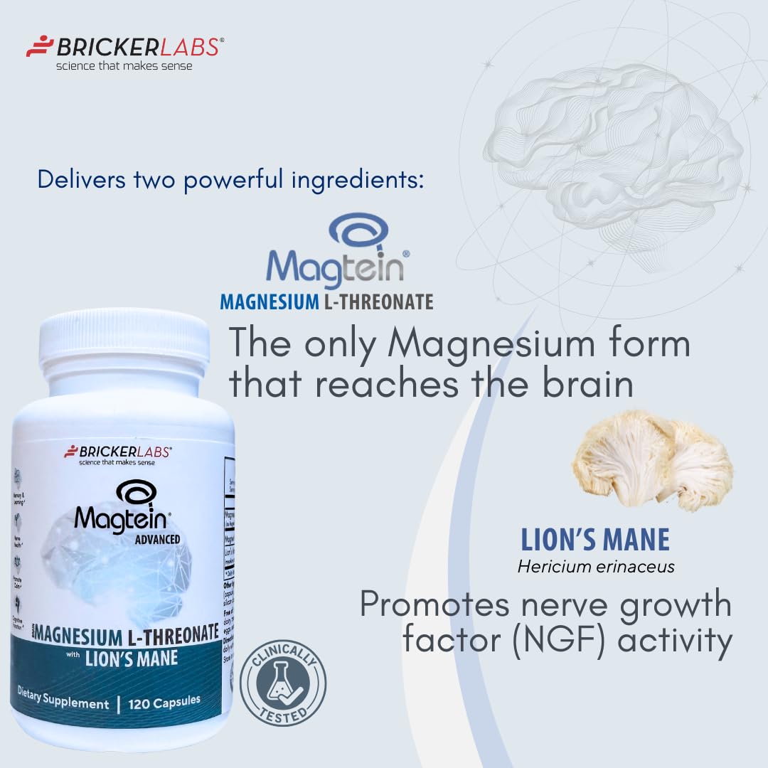 Bricker Labs Magtein Lionmane – étiquette lisible indiquant ingrédients et dosage.