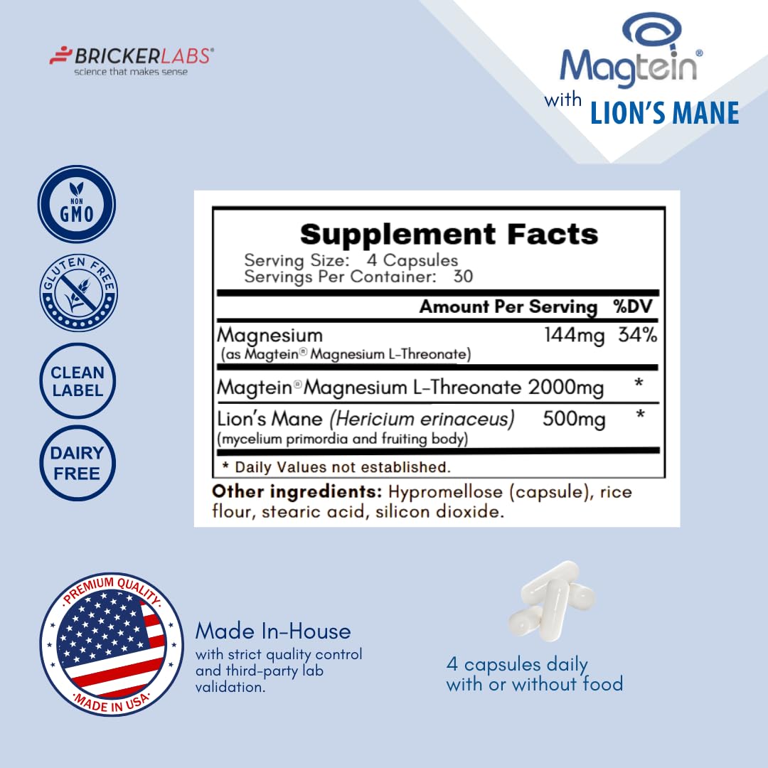 Bricker Labs Magtein Lionmane – tableau nutritionnel utile pour les gélules.