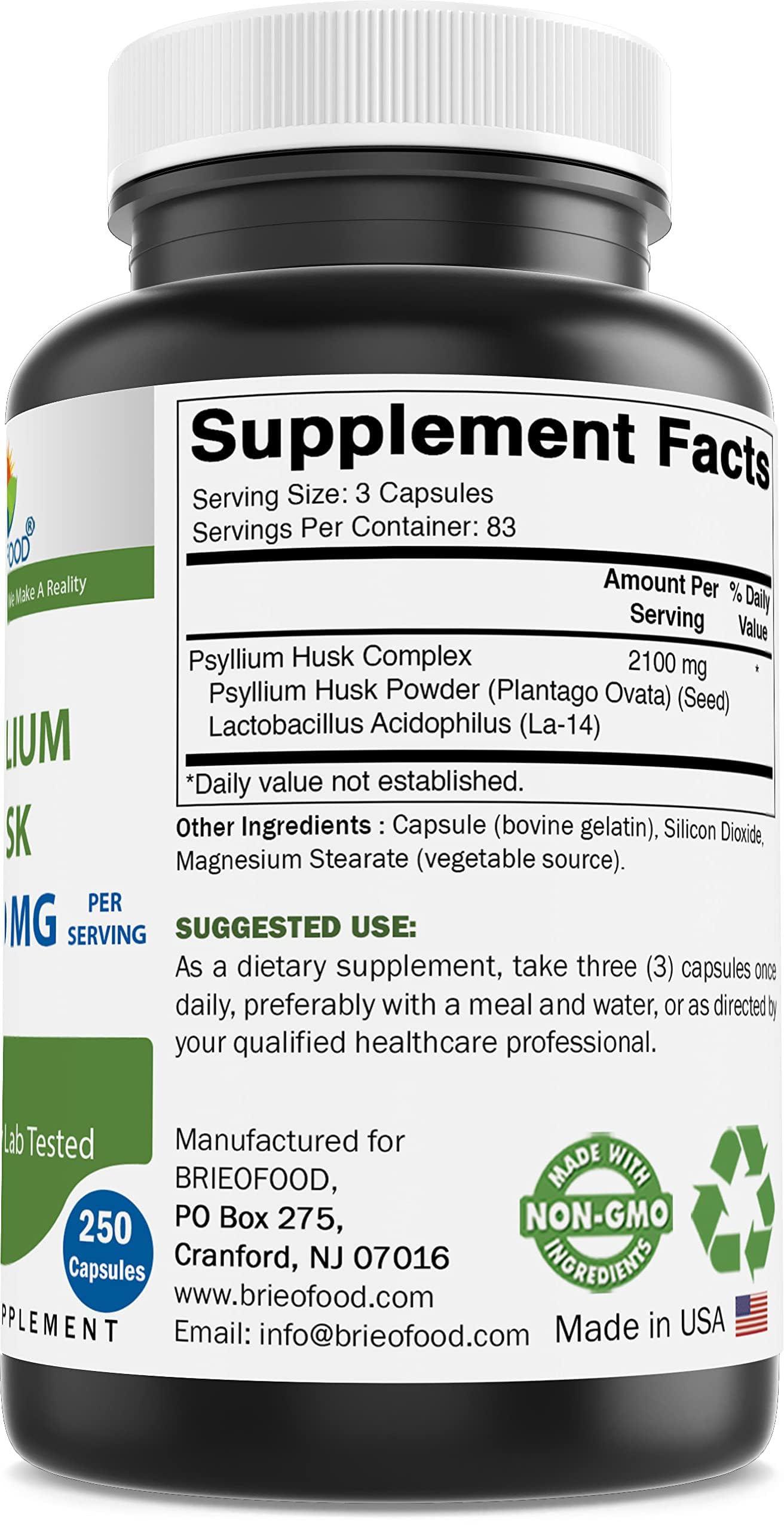 Brieofood Psyllium – emballage et flacon, probiotiques La-14 pour l’équilibre intestinal.