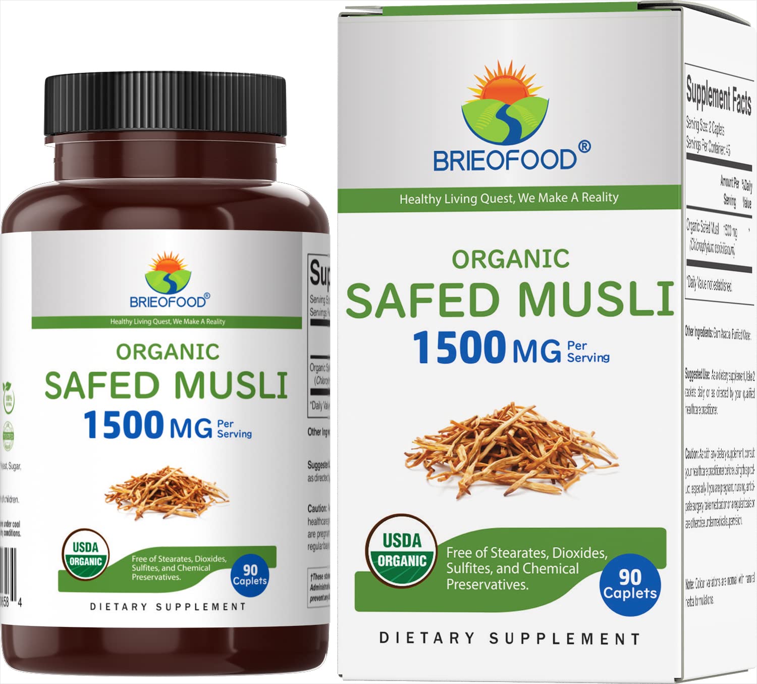 Brieofood Safed Musli: bouteille de 90 comprimés végétariens, pratique au quotidien.