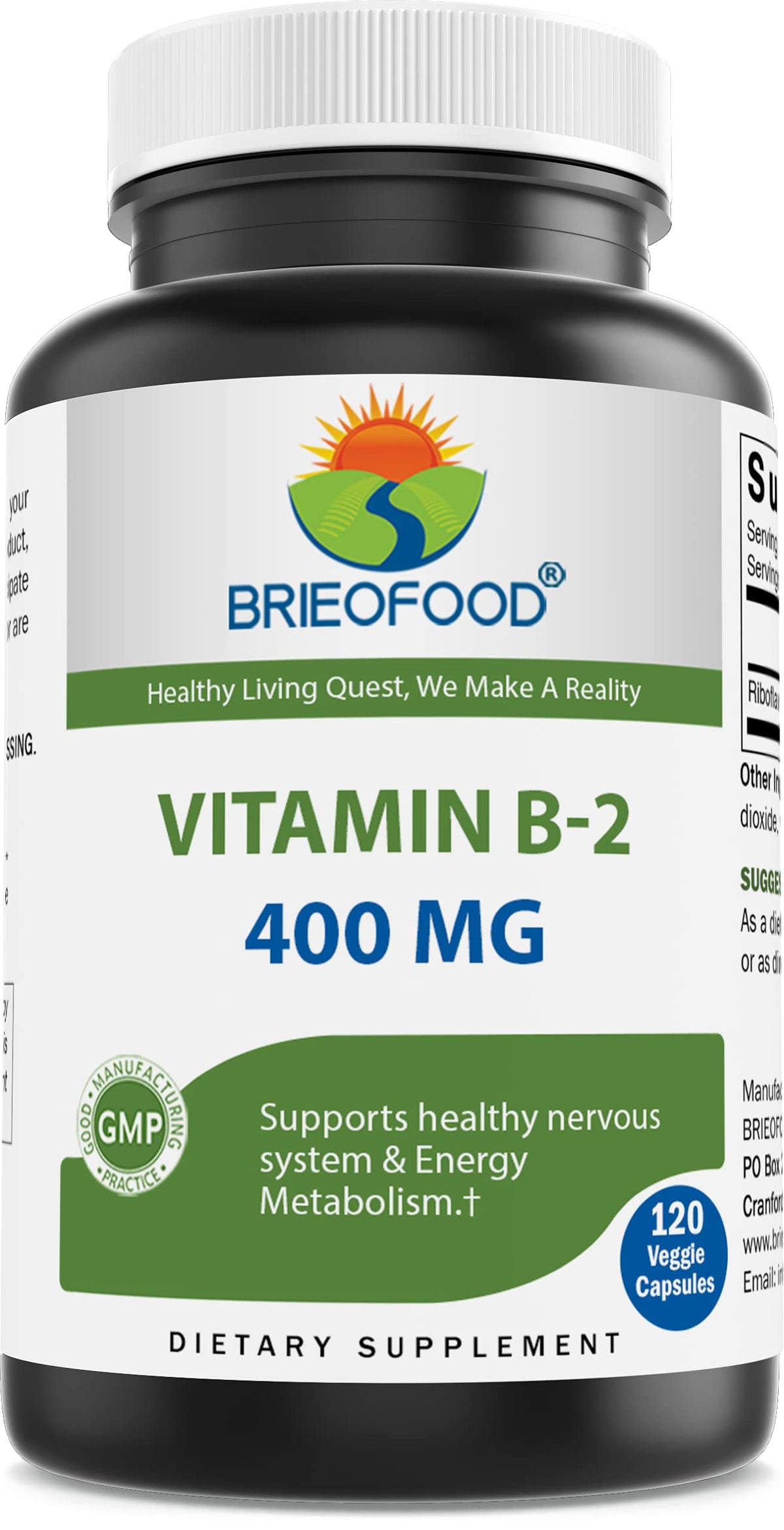 Brieofood Vitamine B2 400mg – bouteille montrant l'emballage et le potentiel énergie et métabolisme
