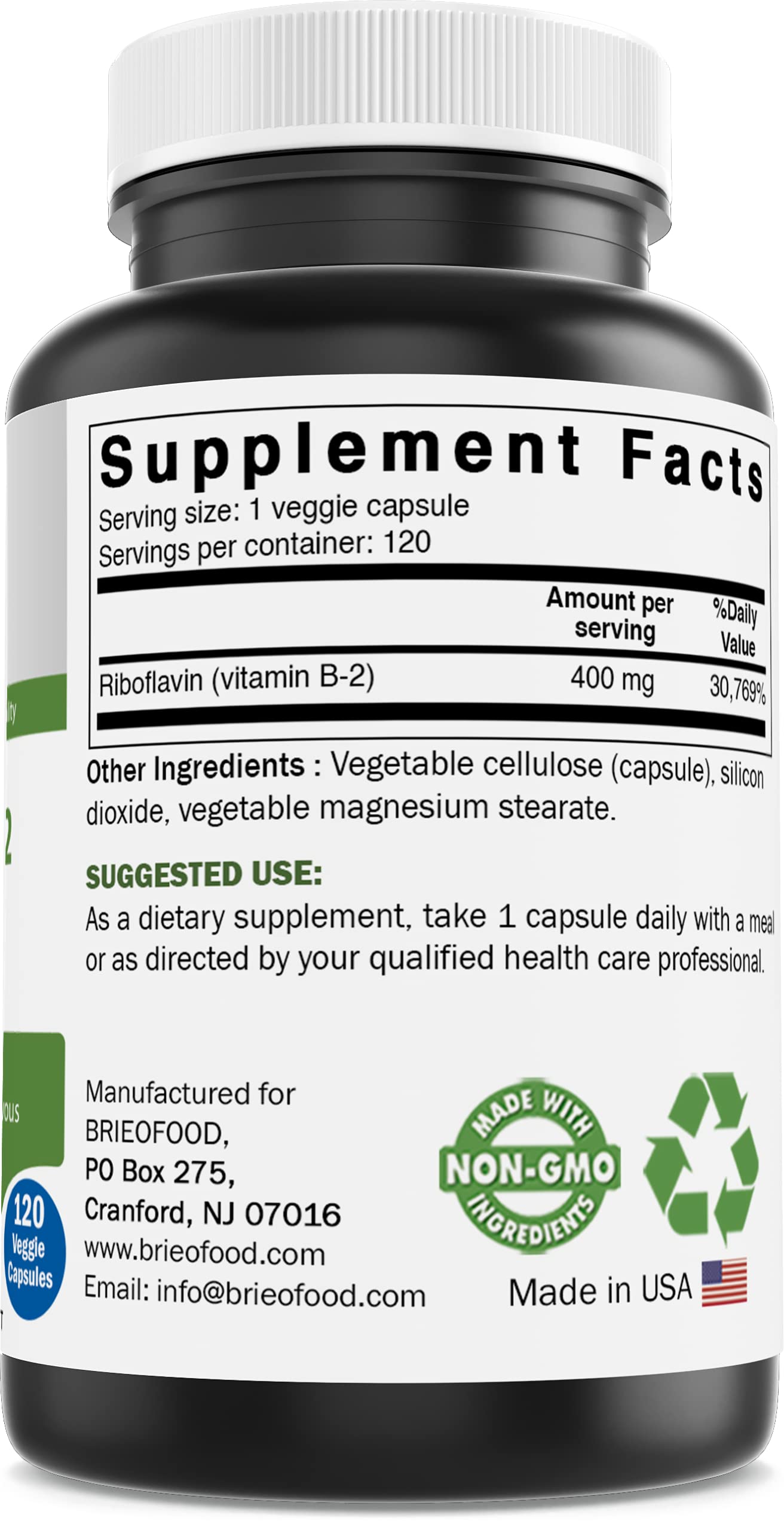 Brieofood Vitamine B2 400mg – emballage sans gluten pour un mode de vie sain