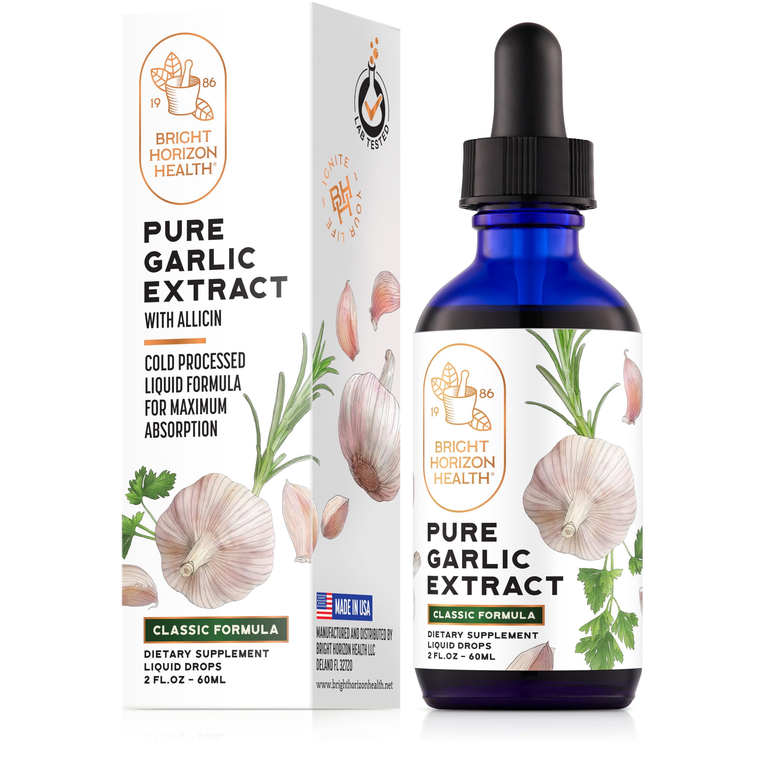 BRIGHT HORIZON HEALTH extrait ail bio liquide 2 onces – dosage quotidien pratique.