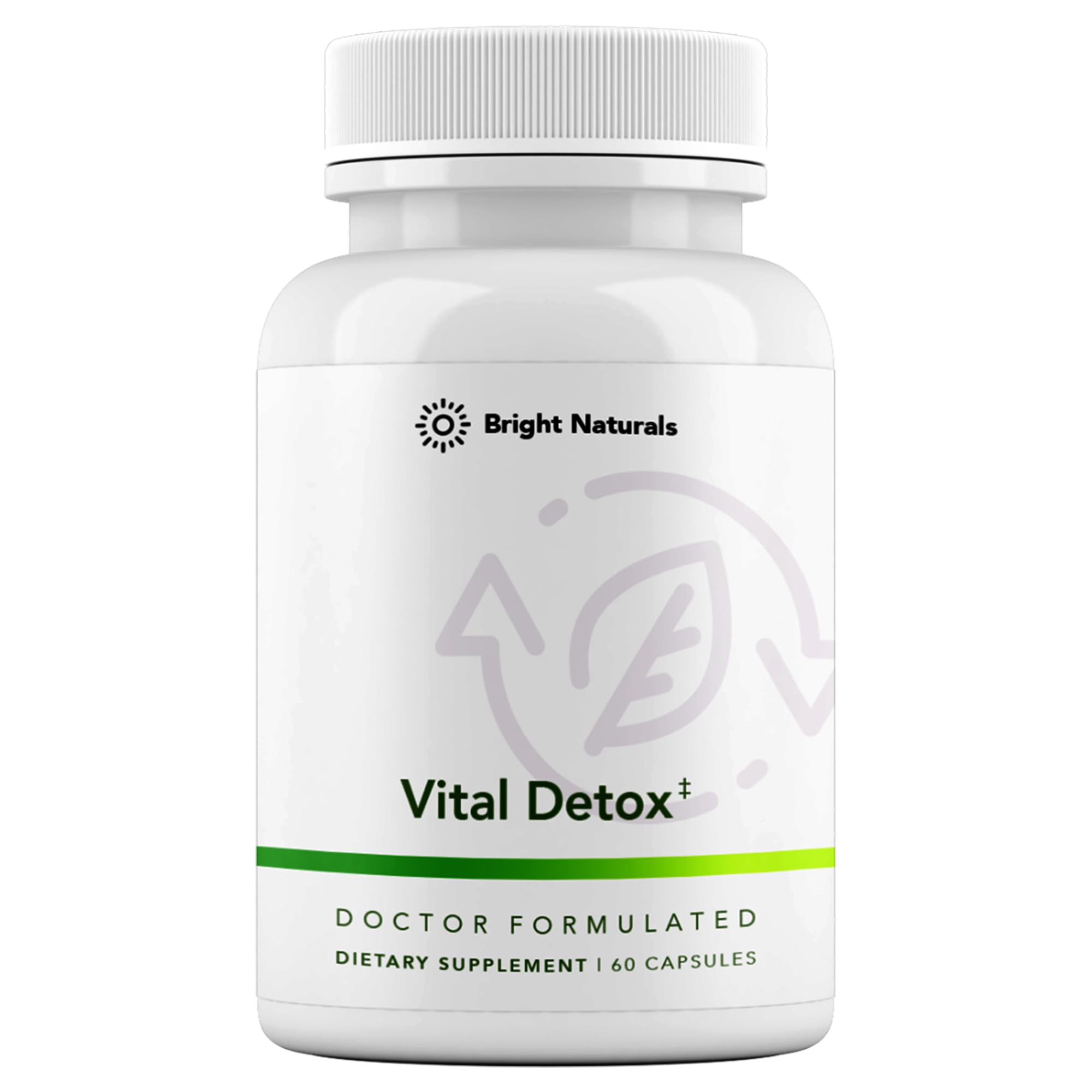 Bright Naturals Vital Detox: bouteille et capsules sur le comptoir, soutient potentiellement la santé hépatique.