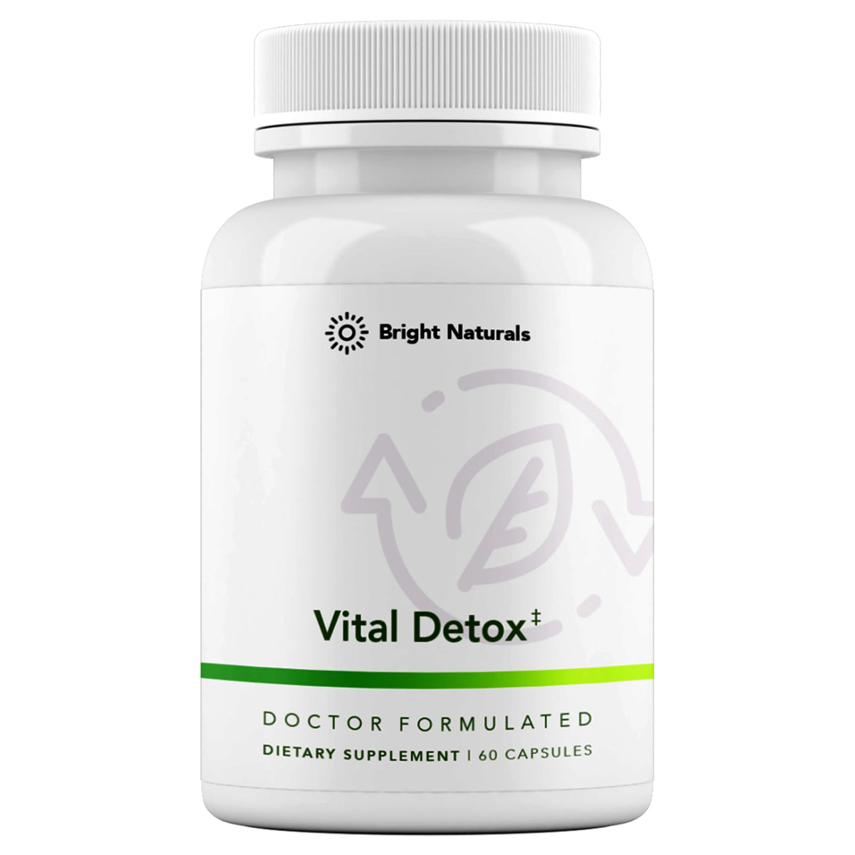 Bright Naturals Vital Detox: bouteille et capsules sur le comptoir, soutient potentiellement la santé hépatique.